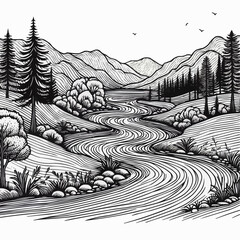 Fototapeta premium Serene black and white landscape illustration of a river winding through trees