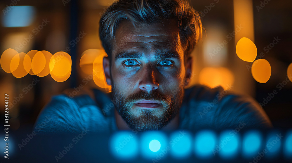 Poster Sleep-deprived office worker with tired expression looking directly at camera in intense focus on computer tasks