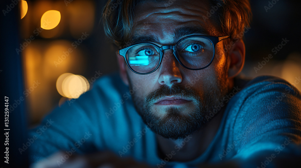 Aufkleber exhausted office worker with glasses struggling to stay awake while working on computer in a dimly l