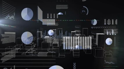 Digital data and graphs overlaying futuristic cityscape buildings in animation - Powered by Adobe
