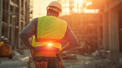 Construction worker holding his lower back in pain at a job site, highlighting the strain of physical labor and workplace safety concerns. Image made using Generative AI.