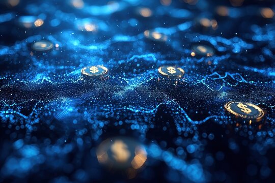 Futuristic depiction of digital financial network with glowing currency symbols