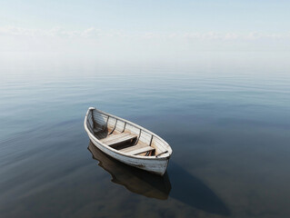 Naklejka premium Tranquil wooden boat floating on calm water in serene early morning light