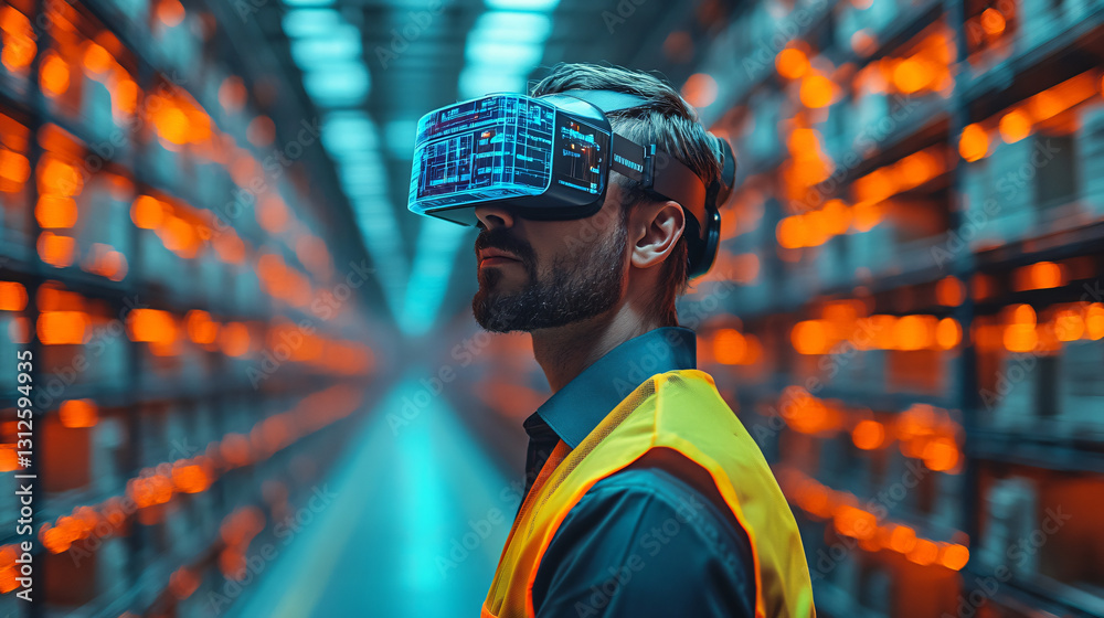 Poster man engaged in virtual reality experience while utilizing advanced technology for supply chain and p