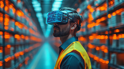 Man engaged in virtual reality experience while utilizing advanced technology for supply chain and procurement solutions
