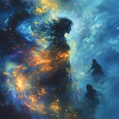 Celestial woman, fiery cosmos, ethereal figures, cosmic wonder.