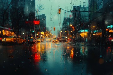 Rainy Night Cityscape View Through Wet Window Pane Urban Nightlife Traffic Lights Blurry Bokeh Abstract Background Image red art dark mood teal blue  
