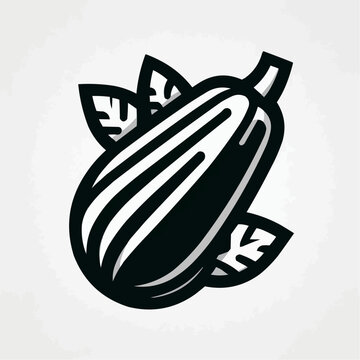 Stylized black and white illustration of a zucchini with leaves

