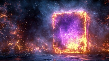 Glowing cube. Energetic, vibrant light. Cosmic and surreal scene. Intense