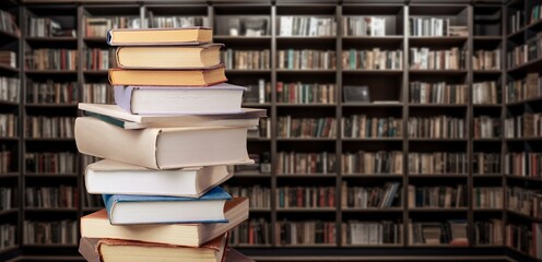 Many reading books at school modern library background