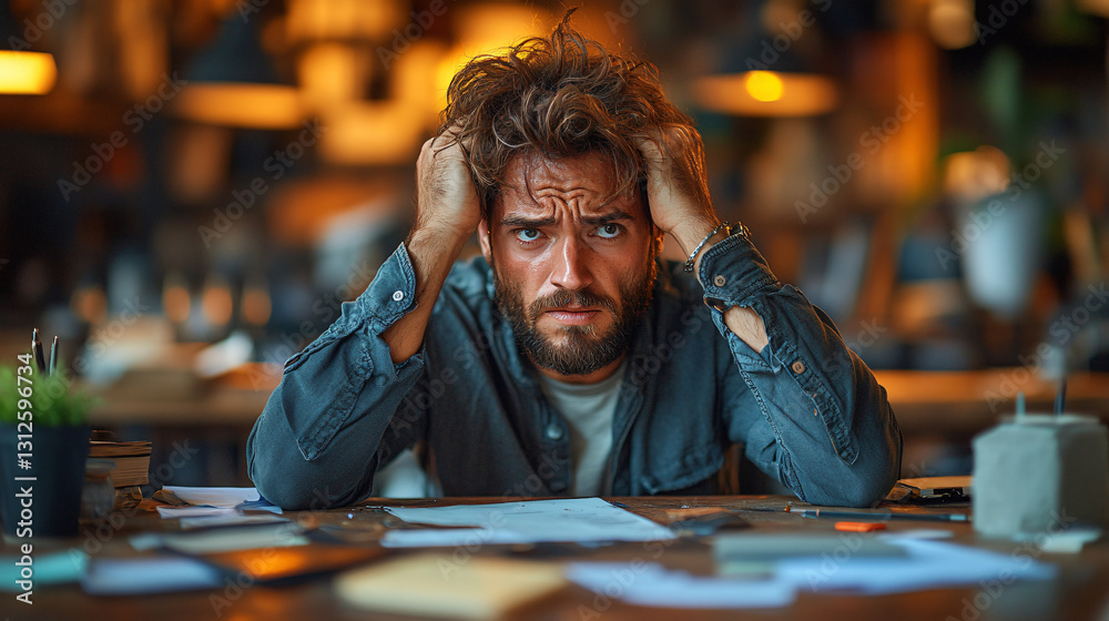 Poster concentrated man sitting at a table deep in thought reflecting on life choices and professional resp