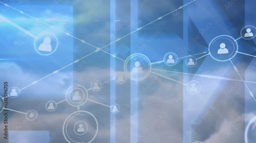 Poster network of connections and data processing animation over cloudy sky background