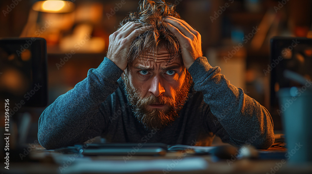 Poster bearded man using laptop at a cluttered desk illustrating the modern work environment and digital ch