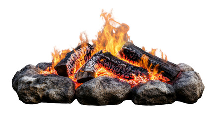 Burning campfire with flames and logs on transparent background