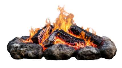 Burning campfire with flames and logs on transparent background