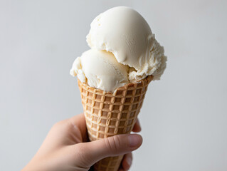 Creamy vanilla ice cream scoops served in a waffle cone on a plain background during warm weather