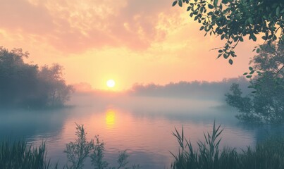 Fototapeta premium Peaceful Sunrise Over a Misty Lake