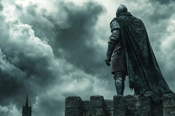 Lone knight surveys stormy landscape from tower.