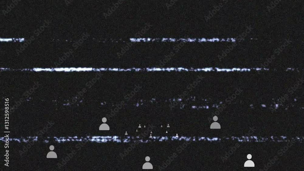 Poster animation of glitchy static lines with white user icons on dark background