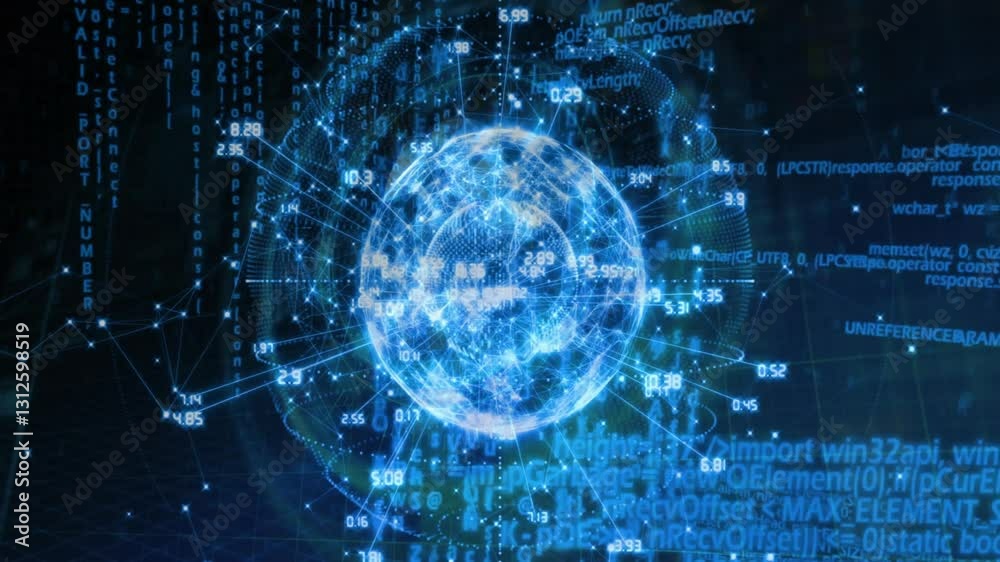 Poster digital globe surrounded by binary code and data processing animation