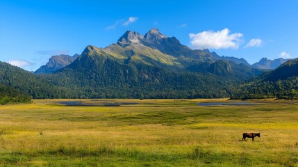 Fototapeta premium Brown Horse Grazing in a Lush Green Field with Mountain Background