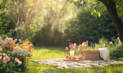A serene picnic setting in a vibrant garden with flowers.