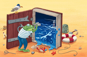 sailor frog with binoculars looks at stormy sea in picture book on a beach
