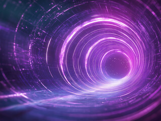 Colorful swirling light tunnel with purple hues and glowing particles in a digital space environment