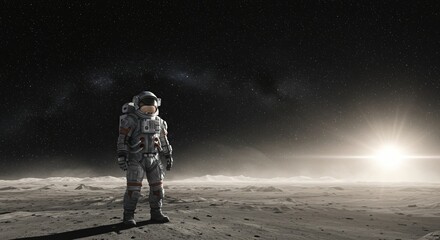 Man in futuristic spacesuit on planet looking at bright sunrise, new discovery exploration, science technology on surface of moon for astronautics day