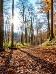 Obraz premium Autumnal Forest Path Sunlight - Serene autumn forest scene, sunlight filtering through bare trees, fallen leaves covering path, symbolizing peace, tranquility, nature's cycle, warmth, and transition