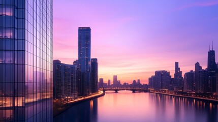 Fototapeta premium Stunning sunset over a city skyline with skyscrapers reflecting on a river