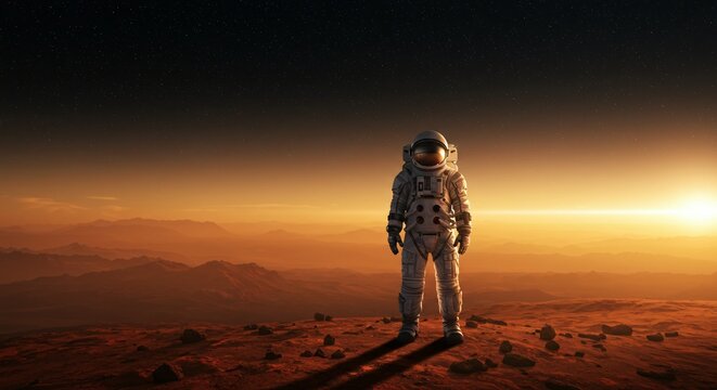 Spacesuit clad astronaut stands on a mars like planet looking at a sunrise. Concept of space exploration and future missions on the planet for scientific research
