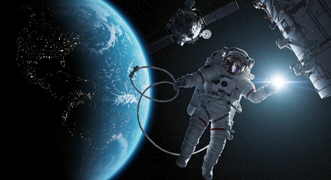 Man in spacesuit at spacewalk near station with earth for space program. Astronaut doing work for satellite or science, exploration and innovation