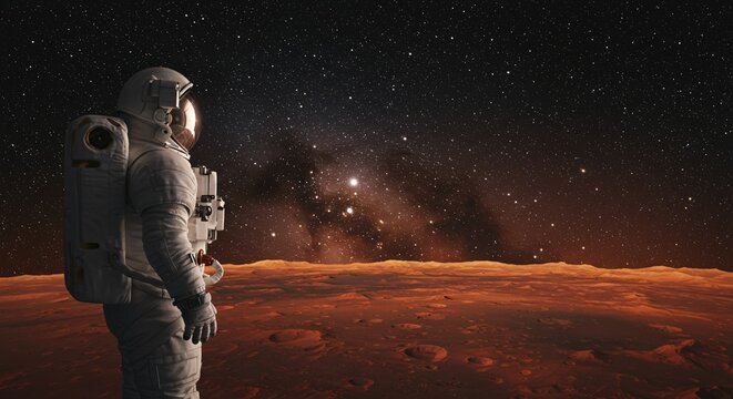 Astronaut's contemplative gaze at Martian vista on a space exploration mission, venturing into the cosmos for science and unveiling the mysteries of outer space travel