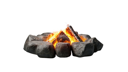 Burning campfire with rocks on transparent background