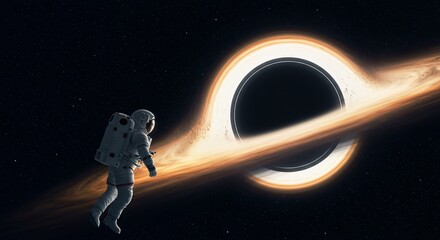 Caucasian man in spacesuit levitates near black hole accretion disk, experiencing exploration odyssey, in deep universe for science or astronomy presentation