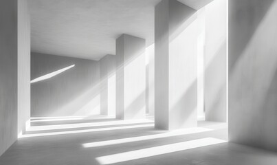 Obraz premium White minimalistic room with blank walls and sunlight streaming through windows. Sun rays and shadows background.