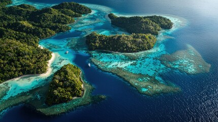 Obraz premium Tropical Islands, Aerial View, Turquoise Waters, Yachts in Channel