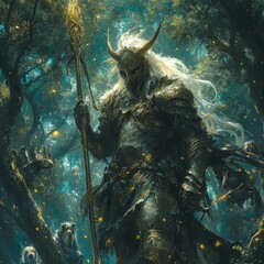 Horned warrior stands in dark forest holding staff