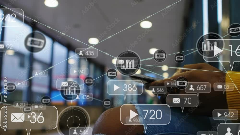 Poster using smartphone, person with digital data icons overlaying in animation setting