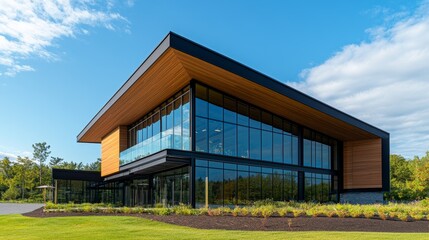 Obraz premium Modern architectural building with large glass windows surrounded by landscaped greenery