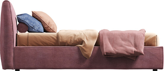 Side view of colorful double bed with headboard and blanket