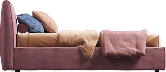 Side view of colorful double bed with headboard and blanket