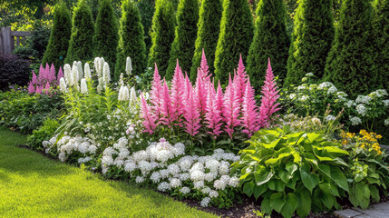 Obraz premium Vibrant garden with pink and white flowers surrounded by lush greenery and evergreen trees.