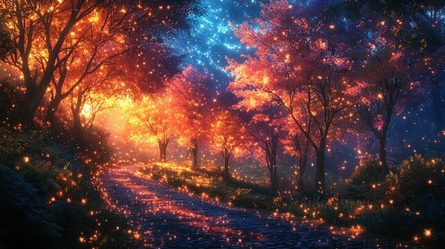 Magical forest path glowing fireflies autumn trees