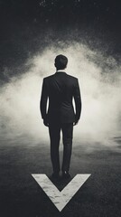 Obraz premium Man in a suit standing on a road with directional arrow