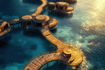 Luxury overwater bungalows with wooden walkways at sunset in tropical paradise