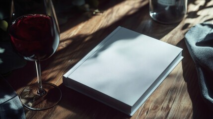 White hardcover book mockup with wine glass on wooden table
