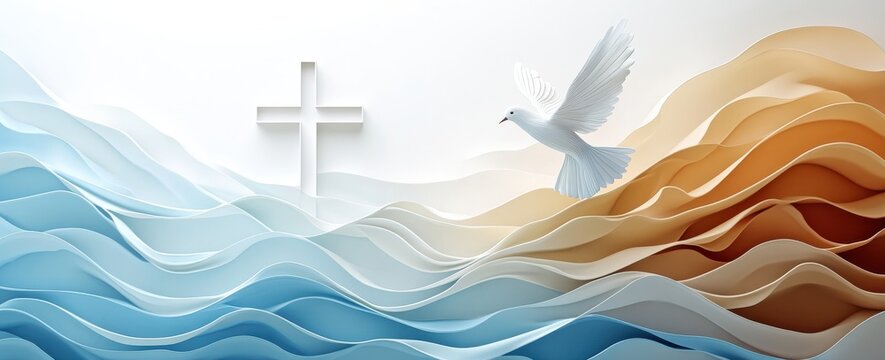 Spiritual image of a dove, cross, and abstract colorful waves