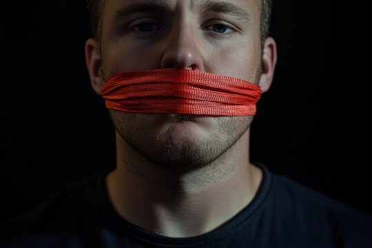 a man with red tape covering his mouth on a black background